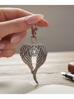 Angel Wing Pentagram Keychain Silver Clip Christian Witch